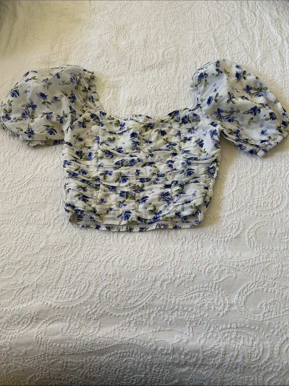 Elodie White Top with Blue and Green Floral Print